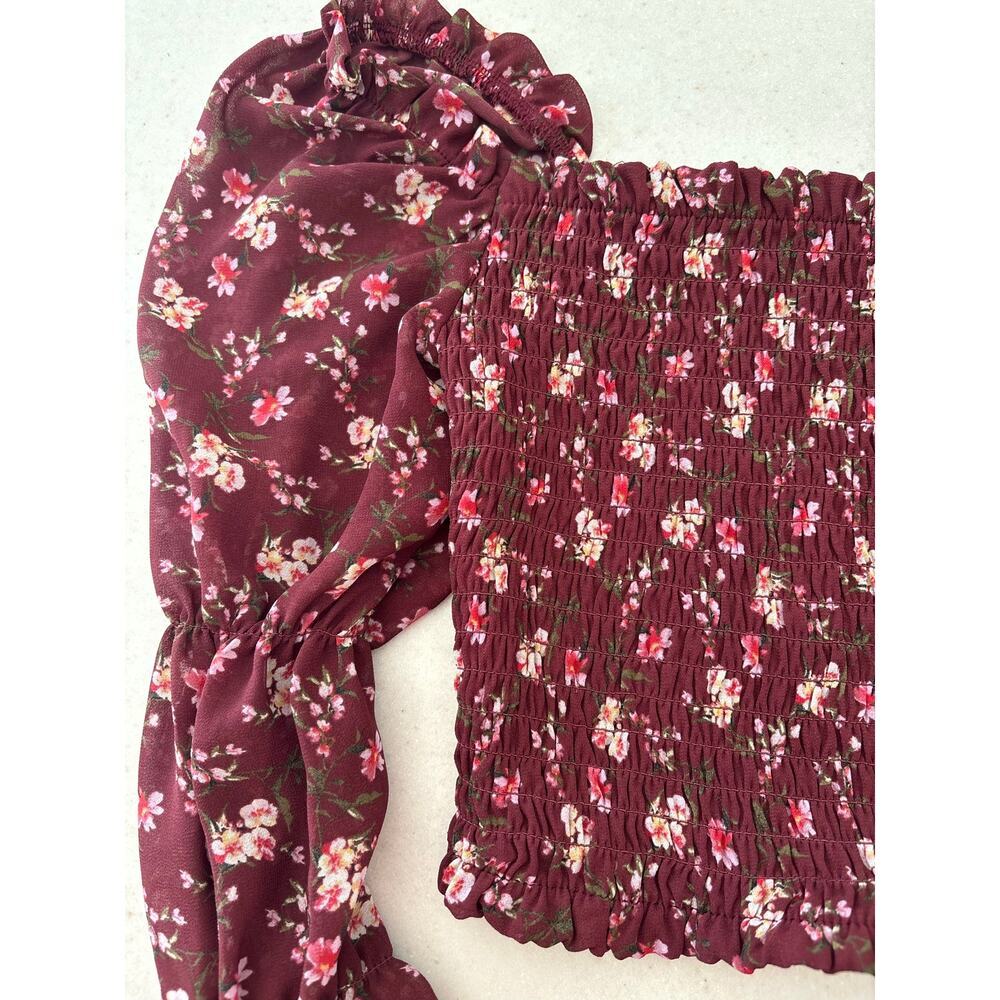 Wild Fable Floral Smocked Crop Top XS Burgundy Long Sleeve Cottagecore Blouse - Picture 5 of 12